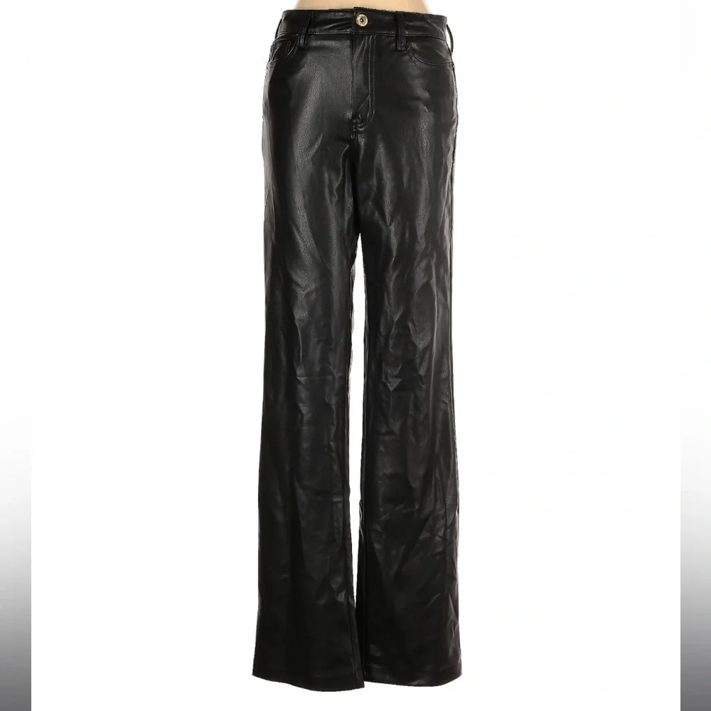 Zara Wide Leg Faux Leather Pants Black High Rise Vegan Leather Size 0 - Picture 2 of 5